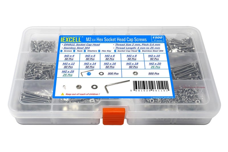 iexcell 1500 Pcs M2 x 4/5/6/8/10/12/14/16/18/20/25 Stainless Steel 304 Hex Socket Head Cap Screws Bolts Nuts Washers Assortment Kit - Image 1